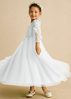 Azazie Precious Flower Girl Dresses Diamond White A-Line Lace Tulle Dress image5