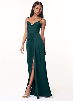 Azazie Brielle Bridesmaid Dresses Pine A-Line Cowl Spaghetti Straps Stretch Satin Dress image3