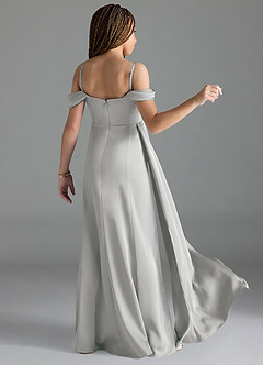 Azazie Amyra Junior Silver Sheath Off the Shoulder Stretch Satin Dress image2
