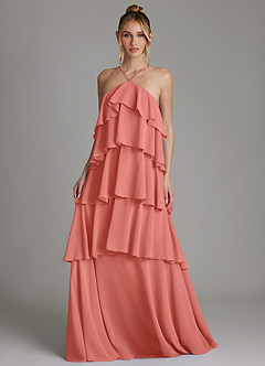 Azazie Deena Bridesmaid Dresses Salmon Pink A-Line Ruched Chiffon Dress image4