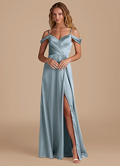 Azazie Ocean Bridesmaid Dresses Dusty Blue A-Line Off the Shoulder Metallic Satin Dress image1