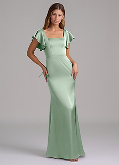 Azazie Elkie At-home Try On Dresses Emerald Mermaid Square Neckline Stretch Satin Dress image5