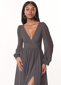 Azazie Norah Bridesmaid Dresses Steel Grey A-Line V-Neck Long Sleeve Chiffon Dress image5