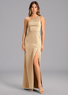 Azazie Phaedra Bridesmaid Dresses Champagne A-Line One Shoulder Stretch Satin Dress image1