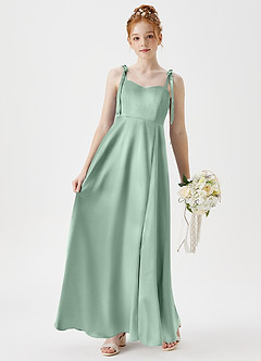 Azazie Rosey Junior A-Linie Herzausschnitt Metallischer Satin Kleid Agave image3