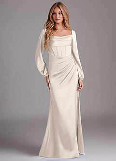 Azazie Charissa Brautjungfernkleider Etui Langarm Stretch-Satin Kleid Alabaster Weiß image3