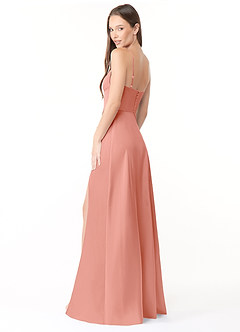 Azazie Halsey Bridesmaid Dresses Coral Sheath Side Slit Stretch Satin Dress image5