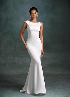 Azazie Oaklynn Wedding Dresses Diamond White Mermaid Boatneck Crepe Back Satin Dress image1