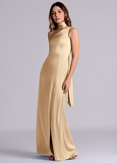 Azazie Phaedra Bridesmaid Dresses Champagne A-Line One Shoulder Stretch Satin Dress image6