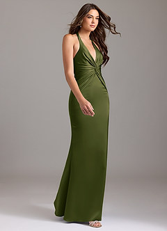Azazie Valerie Vestidos de damas de honor Vestido Oliva Brillante de Satén Elástico de Corte Sirena con Plisado image3