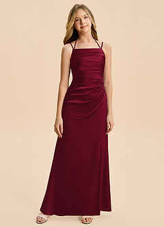 Azazie Nova Junior Burgundy Sheath Pleated Stretch Satin Dress image6