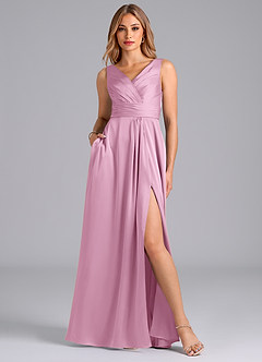 Azazie Karina Bridesmaid Dresses Candy Pink A-Line Pleated Stretch Satin Dress image1