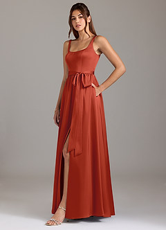 Azazie Elliott Bridesmaid Dresses Rust A-Line with Pockets Stretch Satin Dress image4