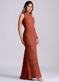 Azazie Evadne Final Sale Terracotta Sheath Pleated Floral Burnout Dress image3