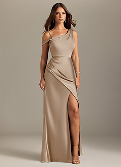 Azazie Madelyn Bridesmaid Dresses Taupe Mermaid Off the Shoulder Stretch Satin Convertible Dress image9