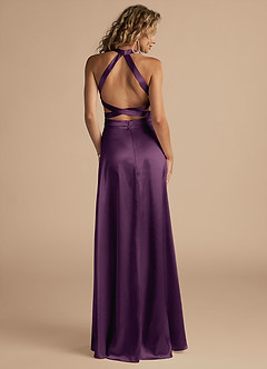 Azazie Clarice Bridesmaid Dresses Plum A-Line High Neck Metallic Satin Dress image2