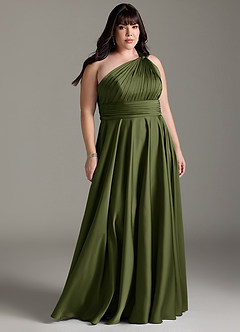 Azazie Charlize Robes de demoiselle d'honneur Robe Trapèze en Satin extensible Asymétrique Olive image1