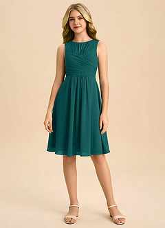 Azazie Skyla Junior Robe Trapèze en Mousseline de soie Plissée Paon image3