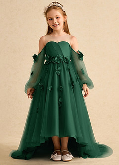 Azazie Karrie Flower Girl Dresses Dark Green A-Line with Sleeves Tulle Dress image1