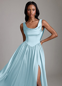 Azazie Novi At-home Try On Dresses Sky Blue A-Line with Pockets Stretch Satin Dress image3