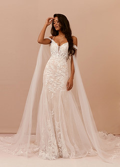 Azazie Leonie Wedding Dresses Diamond White Champagne Mermaid V-Neck Sequins Tulle Dress image11