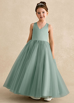 Azazie Peanut Flower Girl Dresses Silver Sage A-Line Strap Tulle Dress image4