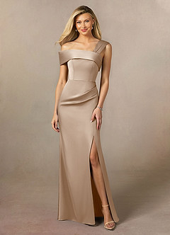 Azazie Laramie Mother of the Bride Dresses Taupe Mermaid Pleated Stretch Satin Dress image1