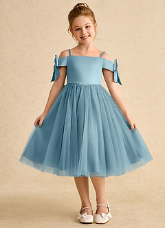 Azazie Amie Flower Girl Dresses Moody Blue A-Line Off the Shoulder Matte Satin Dress image3