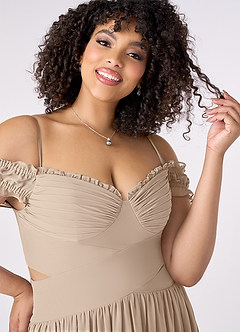 Barbie ♥ Azazie Bridesmaid Dresses Taupe A-Line Off the Shoulder Chiffon Convertible Dress image8