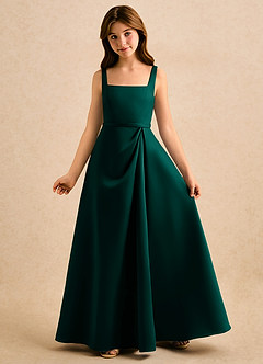 Azazie Emiko Girls Formal Flower Girl Dresses Pine A-Line Pleated Matte Satin Dress image4