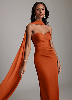 Azazie Sonora Vestidos de damas de honor Vestido de Naranja Quemada de Satén Elástico de Corte Recto con Sin tirantes image4