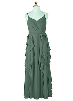 Azazie Peyton Junior Vestido de Musgo Marino de Gasa de Corte En A con Volantes en cascada Cuello en V image6