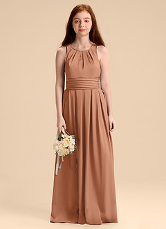 Azazie Bibiane Junior Abito A-Line in Raso Elasticizzato Plissettato Bronzo image6