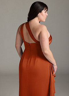 Azazie Maive Bridesmaid Dresses Burnt Orange Sheath Ruched Stretch Satin Dress image12