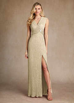 Azazie Salem Mother of the Bride Dresses Champagne Gold A-Line Pleated Metallic Mesh Dress image1
