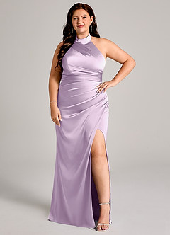 Azazie Jemma Bridesmaid Dresses Frosted Lilac Sheath Pleated Stretch Satin Dress image10