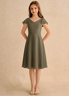 Azazie Narin Girls Formal Robe Demoiselle D'honneur Fillette Robe Trapèze en Mousseline de soie avec manches Vert Saule image5