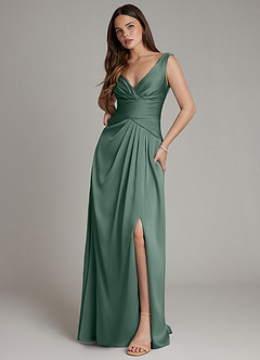 Azazie Pauline Bridesmaid Dresses Eucalyptus A-Line Pleated Stretch Satin Dress image5