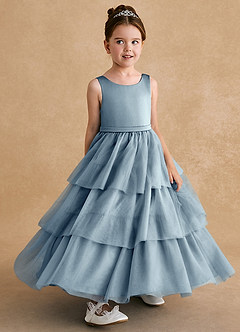 Azazie Megallie Robe Demoiselle D'honneur Fillette Robe Trapèze en Tulle Arc Bleu Poussiéreux image3