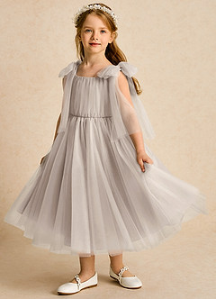 Azazie Dori Robe Demoiselle D'honneur Fillette Robe Trapèze en Tulle Rayé Givre image5