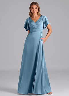 Azazie Ambrosia Jurken voor bruidsmeisjes Jurk van Stretch Satijn met A-Lijn Geplooid Staal Blauw image5