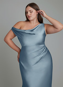 Azazie Emerson Vestidos de damas de honor Vestido Azul Polvoriento de Satén Elástico de Corte Sirena con Hombros descubiertos image12