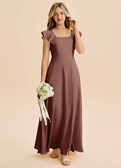 Azazie Bondi Junior Abito A-Line in Raso Elasticizzato Spacco Laterale Espresso image4