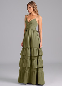 Azazie Nathalia Final Sale Pistachio A-Line Pleated Stretch Satin Dress image4