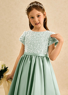 Azazie Cashew Flower Girl Dresses Agave Ball-Gown with Sleeves Matte Satin Dress image6