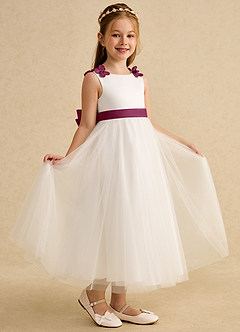 Azazie Lilli Flower Girl Dresses Ivory Mulberry A-Line Bow Tulle Dress image1