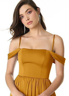 Azazie Morana Bridesmaid Dresses Butterscotch A-Line Off the Shoulder Stretch Satin Convertible Dress image6