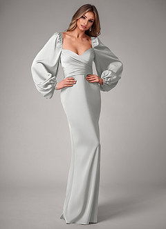 Azazie Sonata Bridesmaid Dresses Silver Sheath Long Sleeve Stretch Satin Convertible Dress image5