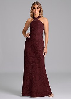 Azazie Doretta Bridesmaid Dresses Cabernet Mermaid Pleated Floral Burnout Dress image1