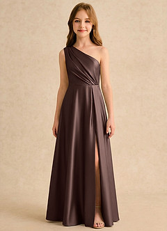 Azazie Puddles Girls Formal Robe Demoiselle D'honneur Fillette Robe Trapèze en Satin extensible Une épaule Ganache image6